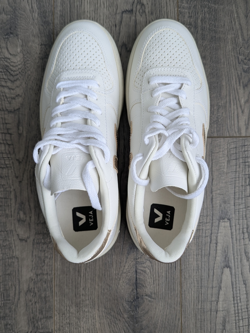 Veja V-10 Leather Sneakers in White with Gold/Beige Accents - Picture 4 of 6